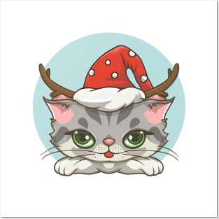 Cute Kitty in a Christmas Hat Posters and Art